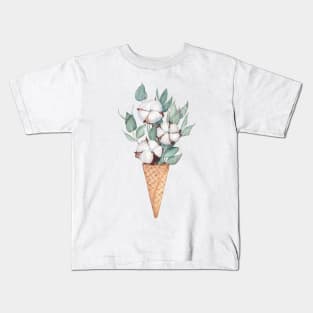 Cotton and eucalyptus bouquet in the waffle cone. Kids T-Shirt